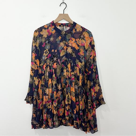 Free People Everything and More Chiffon Babydoll Mini Dress Floral Blue size XS - Picture 3 of 8